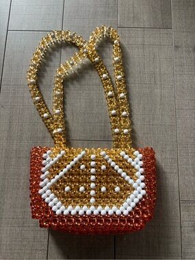 One-of-a-Kind "orange fruit" Beaded Shoulder Bag Amber White Orange 2 Straps